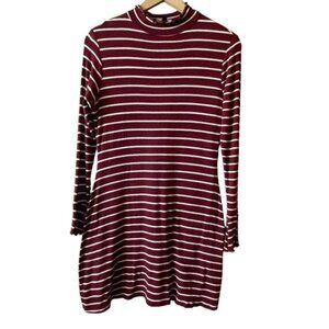 Women's L Lulus Maroon and White Ribbed Striped Dress Lettuce Edge Ruffles